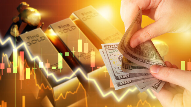 Investments in pure gold. Gold bars. Money is in hands of investor. Chart of falling gold prices. Fit into precious metals. Decrease in cost of golden securities. Buying golden to preserve capital.