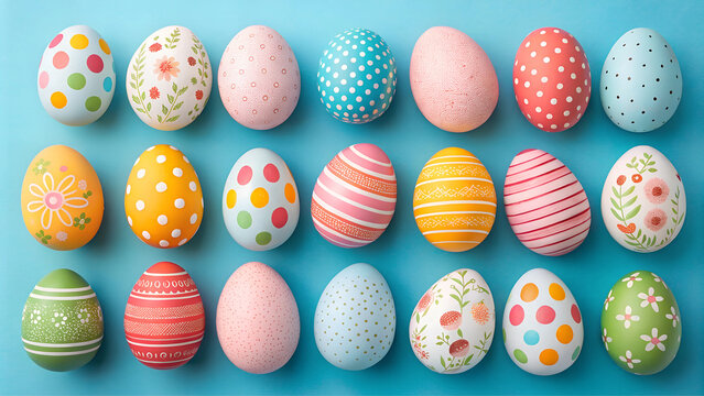 Easter eggs on blue background, festive holiday decoration