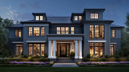 Fototapeta premium Elegant Modern House Exterior at Dusk Surrounded by Lush Greenery and Colorful Flowers