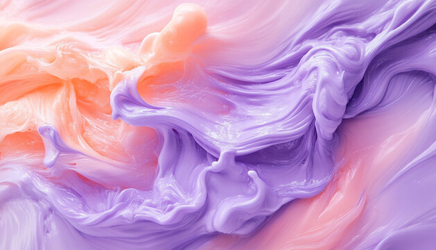 Soft pastel swirls of liquid paint in calming hues of lavender and peach gracefully flow across a textured canvas, forming an elegant abstract masterpiece