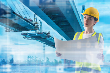 Woman builder. Construction of bridges. Engineer stands under overpass. Inspector supervises...