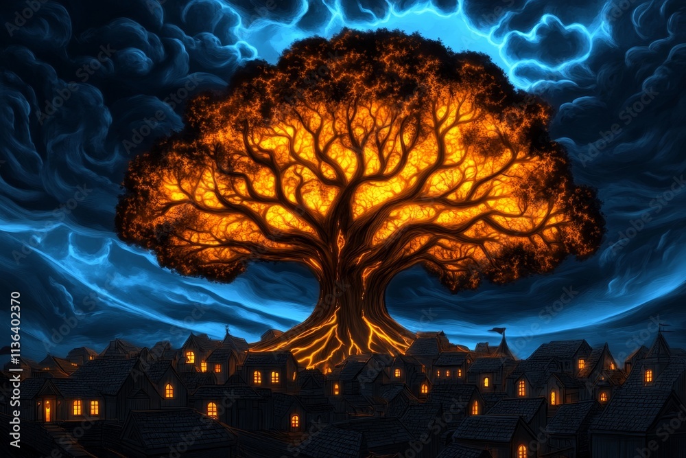Poster a massive tree with glowing roots and leaves, towering over a magical village built into its base