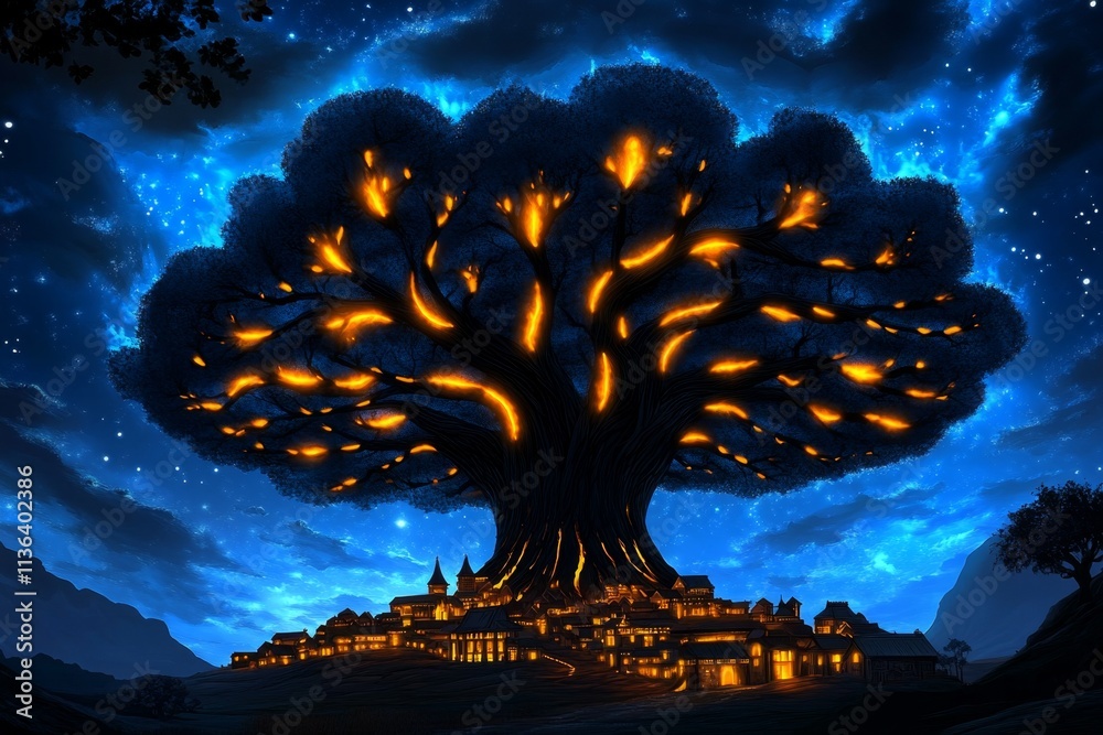 Poster a massive tree with glowing roots and leaves, towering over a magical village built into its base