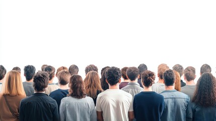 Group of people back and looking at big white blank screen, copy space