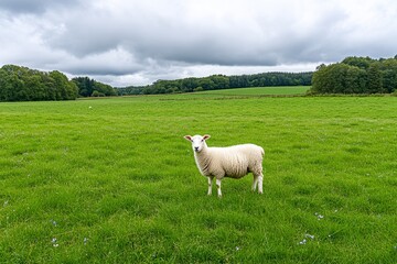 Fototapeta premium A meadow scene with a ewe grazing among tall foxgloves and delicate forget-me-nots