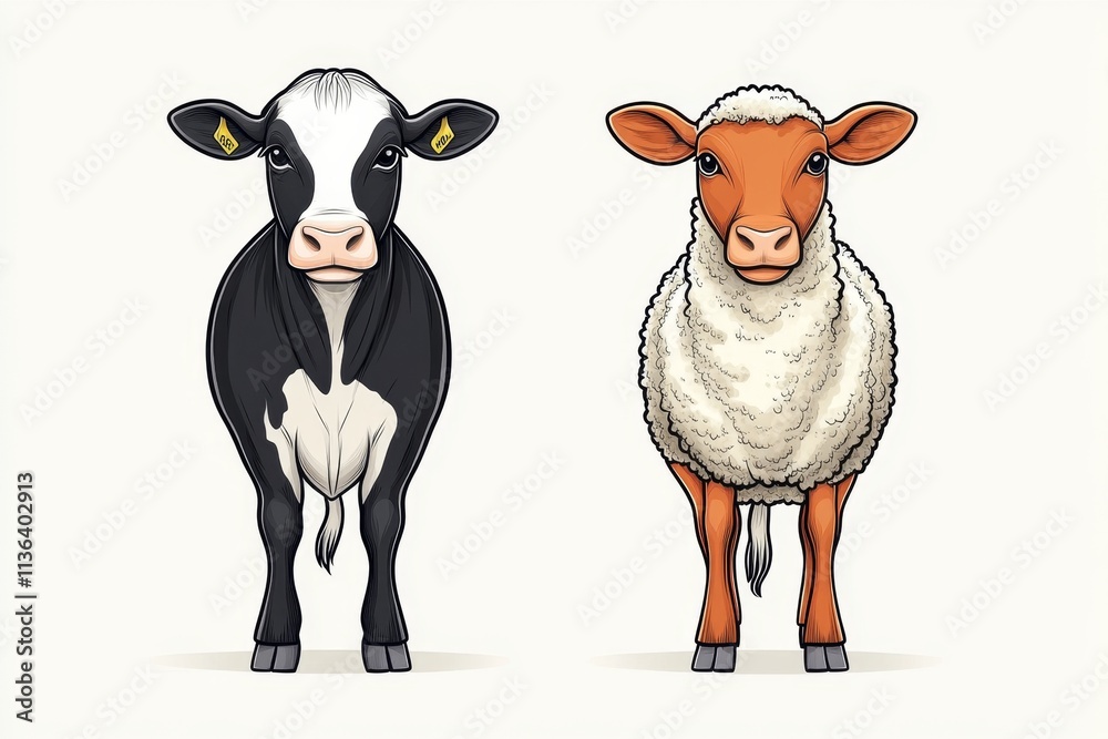 Poster a minimalist illustration of a cow and a ewe standing side by side, drawn with simple lines and neut