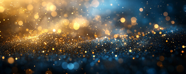 Obraz premium Sparkling golden particles softly drift over a dark blue background, creating a stunning contrast and sophisticated ambiance