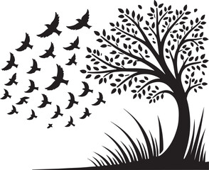 Tree with birds flying away silhouette
