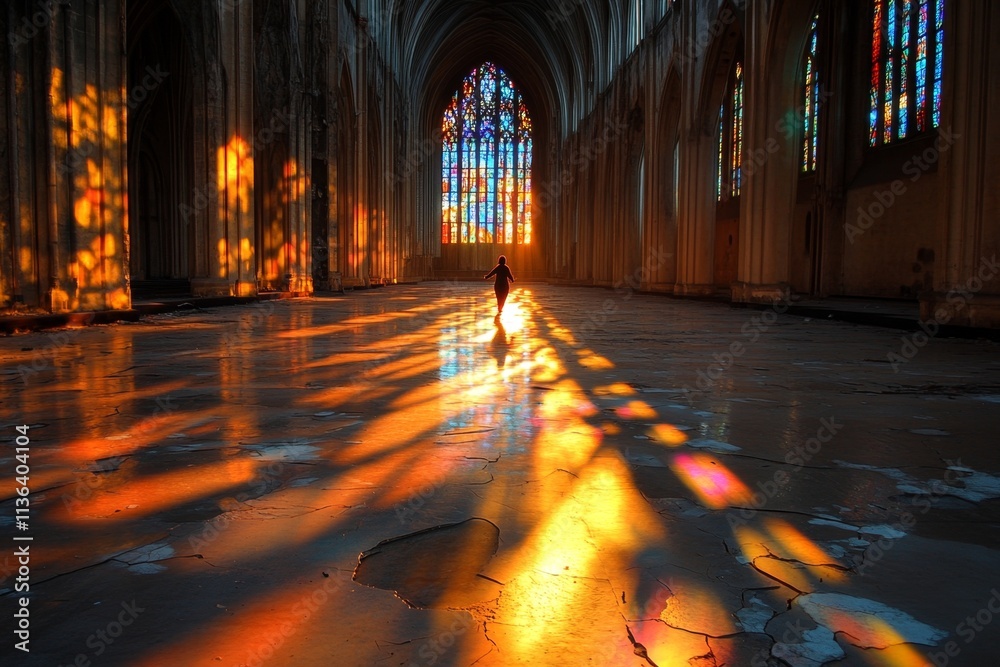 Aufkleber a mysterious scene of a woman practicing tai chi in an abandoned gothic cathedral, with soft light s