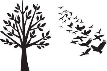 Tree with birds flying away silhouette
