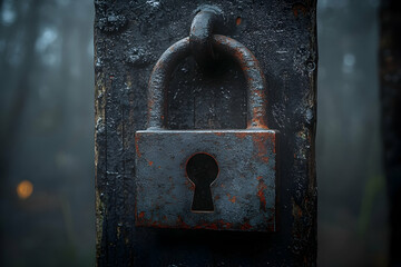Rusty padlock on dark wood post in foggy forest.