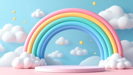 Background podium baby cute product 3d cloud kid children display banner room toy design blue. Podium scene boy background rainbow baby stand studio presentation shower template sale stage poster sky