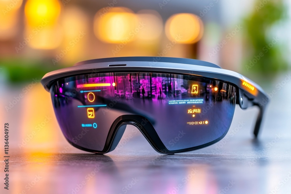 Poster A pair of futuristic smart eyeglasses displaying augmented reality notifications, with holographic text and glowing icons in a high-tech urban setting