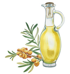 Sea buckthorn  berries oil illustration isolated on white. Hand painted watercolor bottle of a sea-buckthorn oil concept clipart.