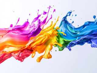 Streams of vibrant paint in rainbow hues collide and blend in mid-air against a clean white background, capturing the moment of impact with remarkable sharpness