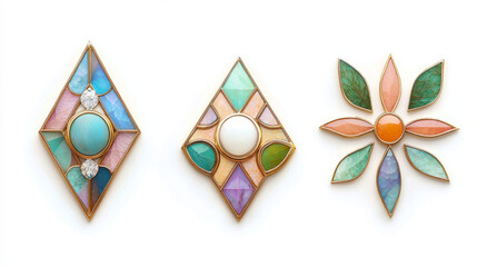 Obraz premium Colorful gemstone brooches featuring intricate designs and shapes. Each piece showcases unique combination of stones and gold accents, perfect for adding elegance to any outfit