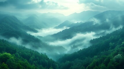 Obraz premium Misty Mountains Enveloped in Verdant Forest