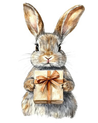 Obraz premium A cute rabbit holding a beautifully wrapped gift box, perfect for illustrations and seasonal themes, isolated on white background.