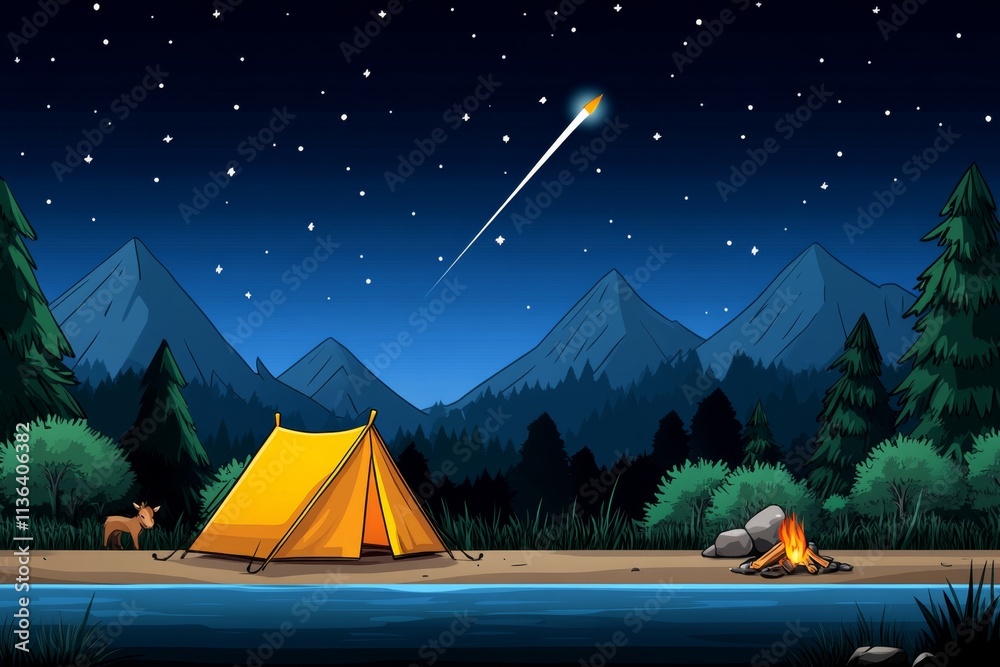 Poster a pixel art adventure scene of a character camping under the stars, with a crackling fire and animat