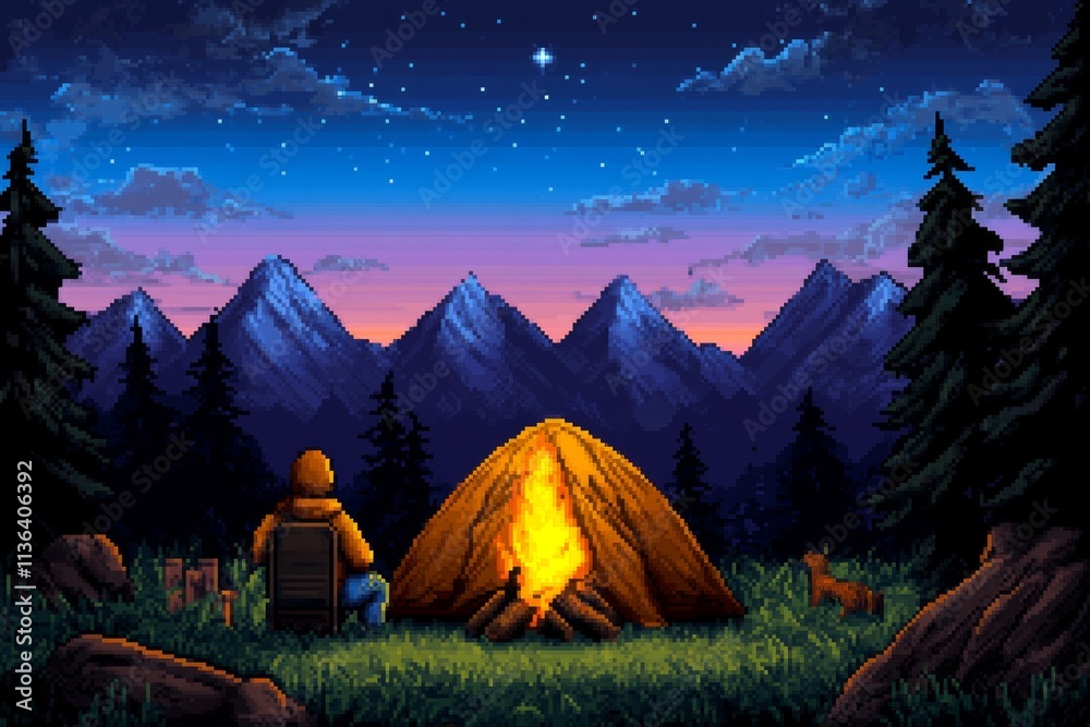 Poster a pixel art adventure scene of a character camping under the stars, with a crackling fire and animat
