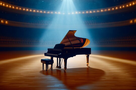 A pianist performing a flawless recital on a grand piano in a concert hall, with a spotlight emphasizing their dedication to musical excellence