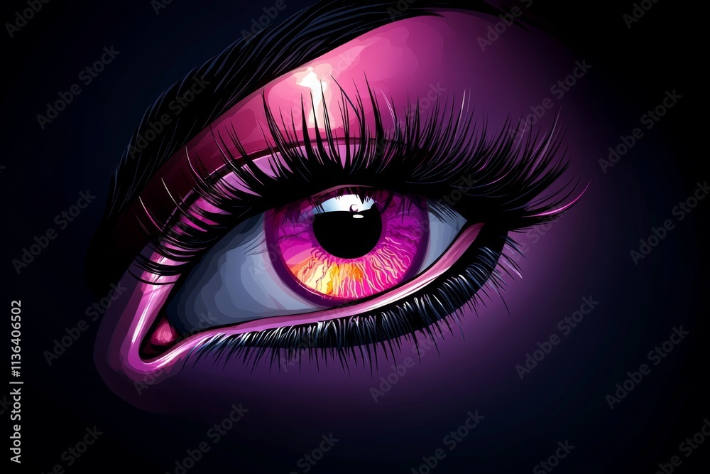 Aufkleber a pixel art eye with vibrant colors, blinking slowly in a retro-style animation, set against a dark 