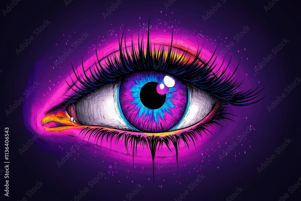 Poster a pixel art eye with vibrant colors, blinking slowly in a retro-style animation, set against a dark 