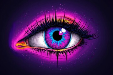 Fototapeta premium A pixel art eye with vibrant colors, blinking slowly in a retro-style animation, set against a dark background