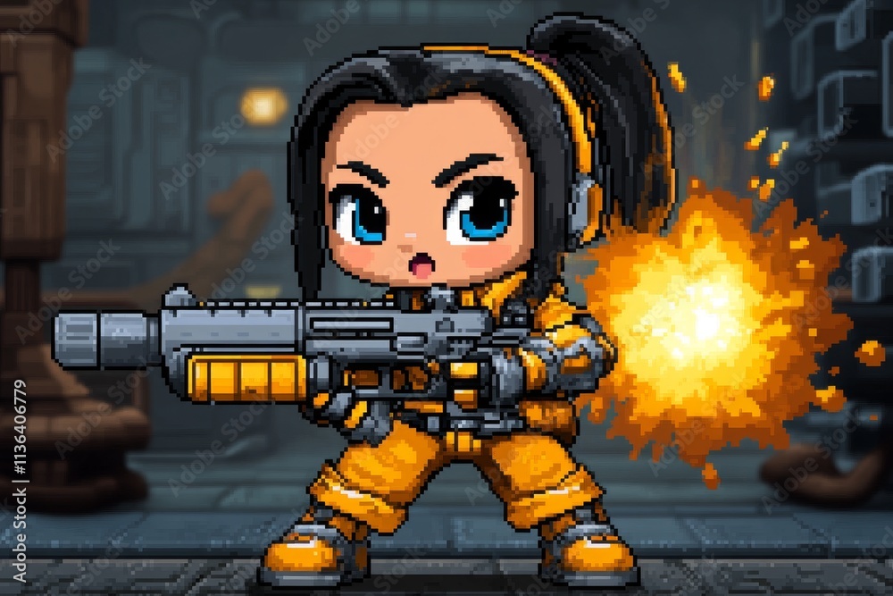 Poster a pixel art scene of a video game-style victory, with a character holding a golden trophy while fire