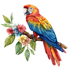 A vibrant parrot perched on a branch with colorful flowers against a white isolated background, showcasing its stunning plumage and lively colors.