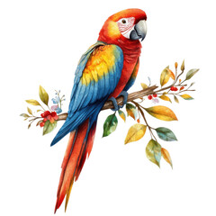 Fototapeta premium A vibrant scarlet macaw perched on a branch surrounded by colorful leaves, showcasing its brilliant plumage against a white isolated background.