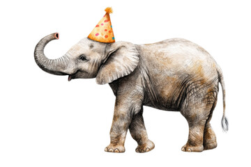 Obraz premium Adorable elephant wearing a colorful party hat, perfect for festive celebrations and children's parties, showcasing fun and joy.