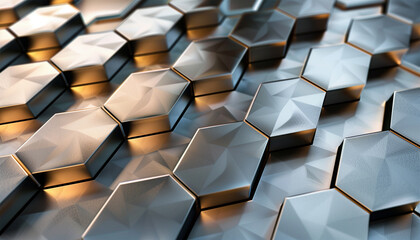 Fototapeta premium Hexagonal Abstract Metal Background with Geometric Metallic Shapes and Patterns