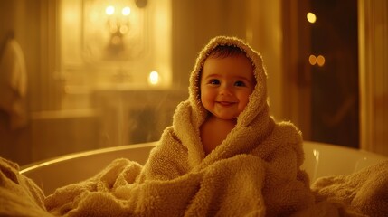 A baby wrapped in a fluffy towel, sitting in a warm bathroom after a bath, their face glowing with happiness and comfort. The soft lighting enhances the cozy and clean atmosphere. 