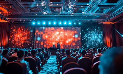 Conference setting with audience and vibrant stage lights.