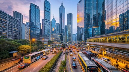 Fototapeta premium A bustling city skyline at dusk, with towering skyscrapers reflecting the last rays of the setting sun. The streets below are alive with movement as cars, buses, and pedestrians navigate the 