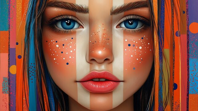 woman face with stripes, fill with polka dots, make a patchwork friend, to love and hold, one who is friendly and not too bold, vibrant bright vivid sparkley colors