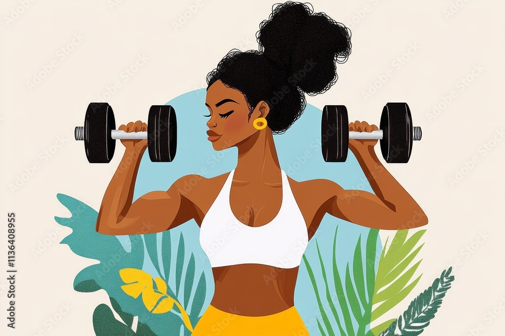 Poster a simple abstract graphic of a woman lifting dumbbells, using geometric shapes and muted colors
