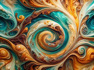 Abstract Swirl Teal Brown Cream Painting, Whimsical Fluid Art,  Modern Canvas Texture, Decorative Swirl Design