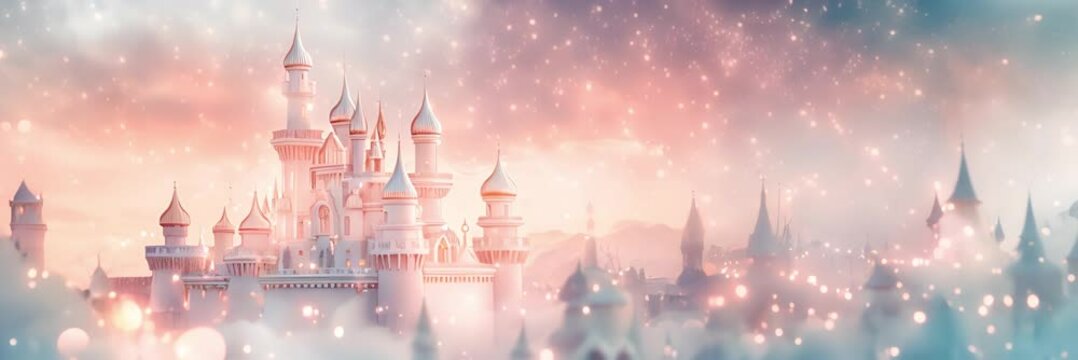 A fairytale castle bathed in soft, dreamy light. Soft focused, blurry slow motion panorama
