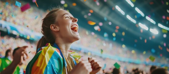 Obraz premium Delighted female fan smiling and celebrating the victory of the team she supports at a sports event in the stadium