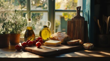 Rustic kitchen scene, fresh bread with olive oil, cheese and tomatoes, sunny day, cozy wooden cutting board