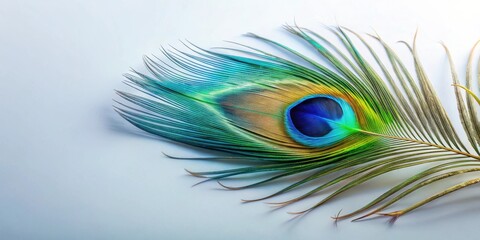 Obraz premium A single iridescent peacock feather rests on a light blue background, showcasing its vibrant colors and intricate details.