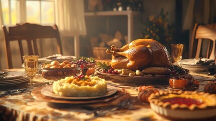 Obraz premium Thanksgiving dinner table with roasted turkey, mashed potatoes, and fall decor, beautiful holiday feast setting