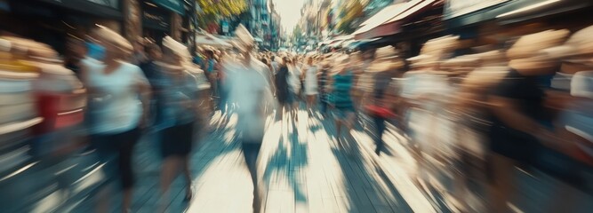 Obraz premium Blurred in motion crowd of people walking down the street of a big city
