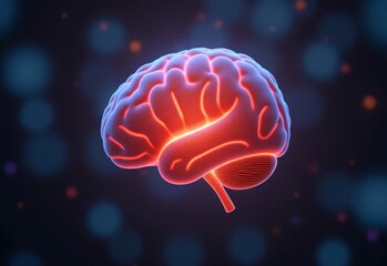 Fototapeta premium Illustration of a human brain glowing with red highlights. Dark background with abstract patterns. Concept of neuroscience and cognition