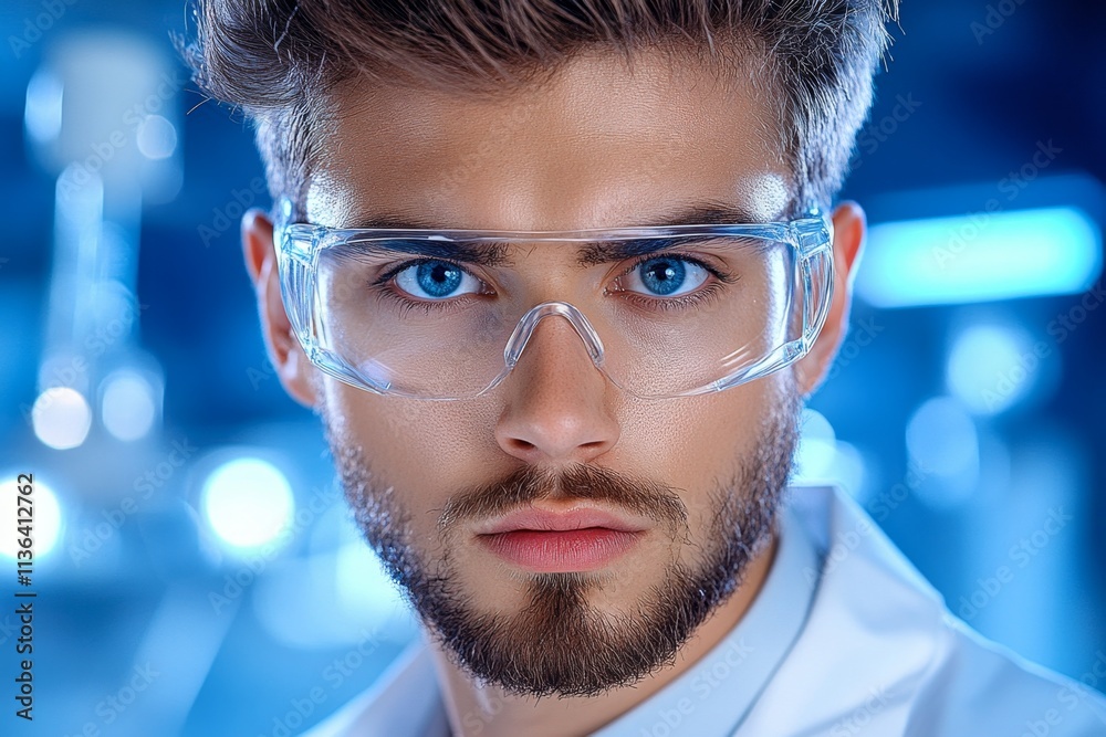Poster a young scientist wearing safety eyeglasses while conducting an experiment in a brightly lit lab