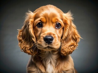 Adorable Cocker Spaniel Puppy Portrait, Grey Background, Cute Dog Photo