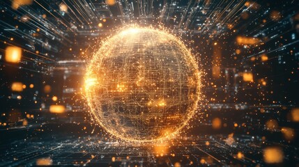 Obraz premium A cognitive AI system visualized as a glowing digital sphere surrounded by layers of neural networks and data streams. The intricate design symbolizes the complexity and adaptability of AI-driven 