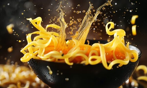 Noodles and sauce splash in a dark bowl, dynamic food photography.